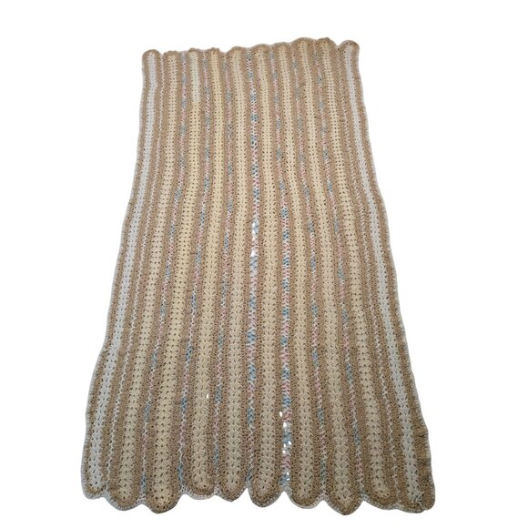 VTG Handmade Crochet Baby Blanket Pastel Pink, Blue, Beige & Scalloped Edges - Picture 10 of 10